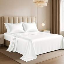 Lux Decor 4-Piece Satin Sheet Set, Silky Soft Polyester Bed Sheets With Deep Pocket Fitted Sheet, Breathable Cooling And Refreshing Bedding, Soft Touch, Washable Bed Linen For Home, Bedroom And Guest Room - 白色 - 查看 10