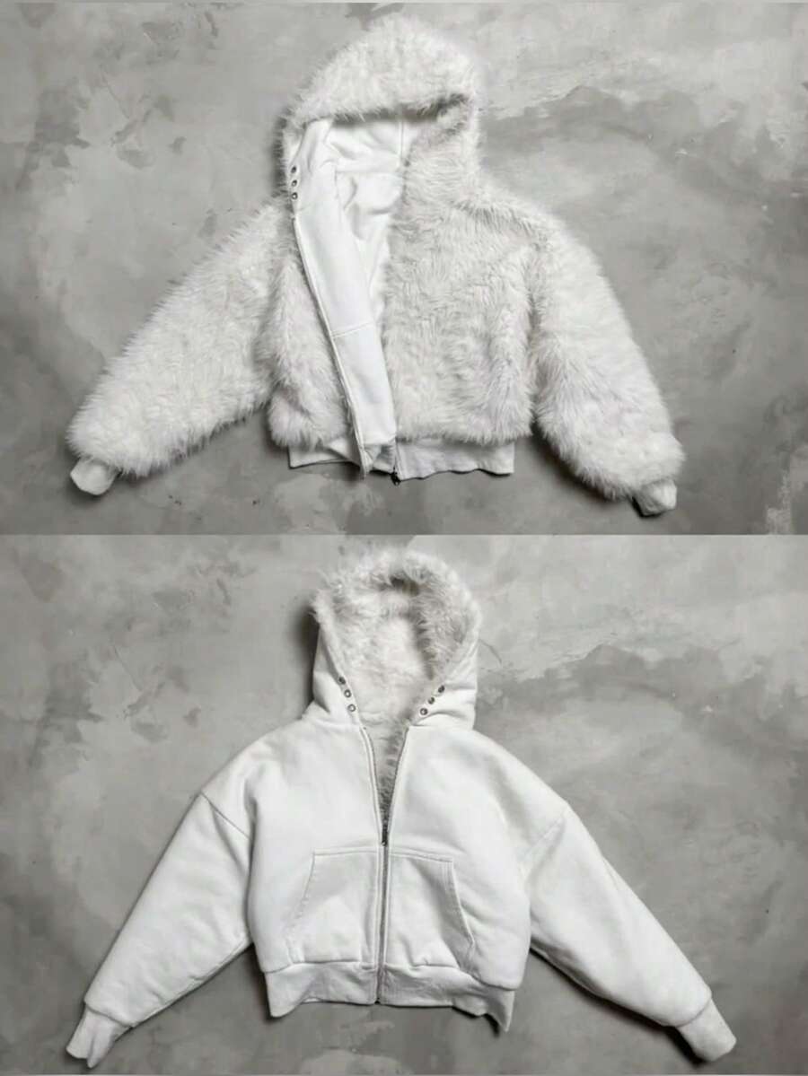 Men Loose Fit Long Sleeve Faux Fur Coat, Vintage, Winter, Fall - White - View 1