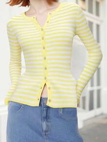 Women Striped Cardigan Slim Fit Crew Neck Long Sleeve Button-Up Knit Sweater Casual Fall Streetwear - 黃色 - 查看 5