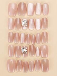 30 Stücke Kurze Quadratische/Kurze Stil Aufklebe-Nägel mit Perlen, funkelnden Diamanten, abnehmbaren Panzerplatten, hellrosa Nägel/Perfekt passende Acryl Fake Nagel Set, inklusive 1 Gelee Kleber und 1 Nagelfeile, geeignet für Frauen für Arbeit, Studium und Veranstaltungen im Herbst und Winter, Nagel Produkte, Herbst Nagel Aufkleber, Acryl Aufklebe-Nägel, Halloween Nägel