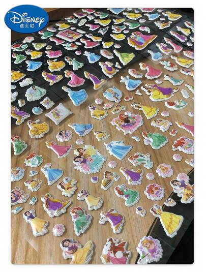 Disney 12pcs Princess PVC Sticker Set, Waterproof Fun Stationery, 3D Cute Cartoon Stickers, Suitable For Children. Vinyl Waterproof Cute Stickers, DIY Decoration, Suitable For Girls Notebooks And Laptops. Children's Cartoon Colorful Printed Stickers, 3D Stereoscopic Decorative Stickers. Toys.