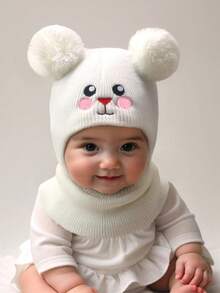 1 pezzo Passamontagna da sci a forma di coniglio per neonati 0-3 anni, berretto con doppia palla per bambini e bambine, cappello invernale lavorato a maglia, accessori essenziali per bebè - Multicolore - Visualizzare 4
