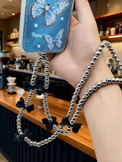 1pc Fashion Bowknot Silver Tone Phone Lanyard Chain, Versatile Bag Strap Necklace Cord