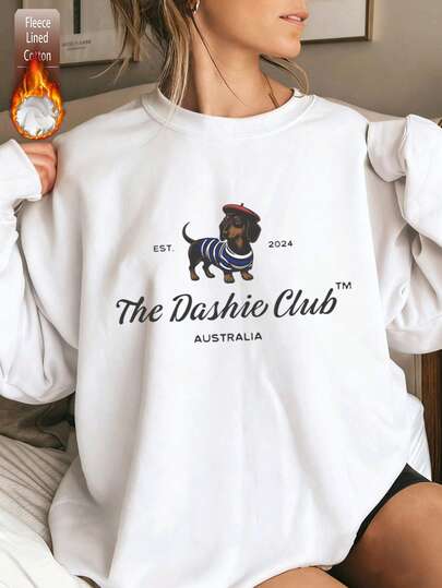 Moletom feminino de lã, moletom com gola redonda para outono/inverno e forro térmico - adorável estampa de dachshund, macio e confortável, perfeito para uso casual diário | Blusa de algodão de alta qualidade, quente e justa, adequada para várias estações | Presente ideal para a mãe. Adequado para roupas de frio, pulôver de manga comprida, suéter feminino, design divertido, textura confortável, ajuste fácil, uso de fim de semana, entusiastas da moda urbana, escritório/lounge/casa/esportes ao ar livre/retrô/minimalista, ajuste unissex, material respirável, roupas para adultos, mulheres, presente para a mãe