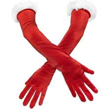 1 副女士手套，白色毛绒袖口，及肘长指手套，婚礼手套，派对手套，圣诞老人派对服装 - 紅色 - 查看 4