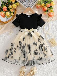 coviviky Young Girls Flutter Sleeves Ribbed Top Paired With Embroidered Butterfly Mesh Dress With Belt, Comfortable & Elegant For Parties & Events - Black - View 1