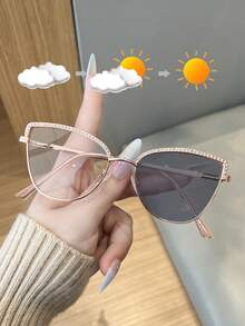 1 Pair Metal Cat Eye Photochromic Glasses, Multifunctional Glasses For Women, Suitable For Outdoor Activities, Computer Use And Prescription - Gradient gray - View 8