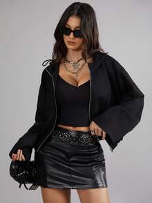 Chaqueta con cremallera de otoño para mujer Ela Vee, chaqueta con capucha negra para mujer, chaqueta de ropa urbana, abrigo negro casual, abrigo con cremallera de corte holgado, ropa de exterior de manga larga con bajo ajustado, chaqueta negra para mujer, moda de otoño e invierno