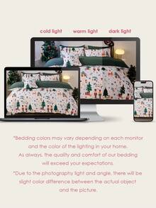 Juego de funda nórdica con estampado de árbol de Navidad y renos (1 funda nórdica + 1/2 funda de almohada, sin relleno), decoración navideña elegante, funda de cama esencial para dormitorio y residencia, certificado Oeko-Tex