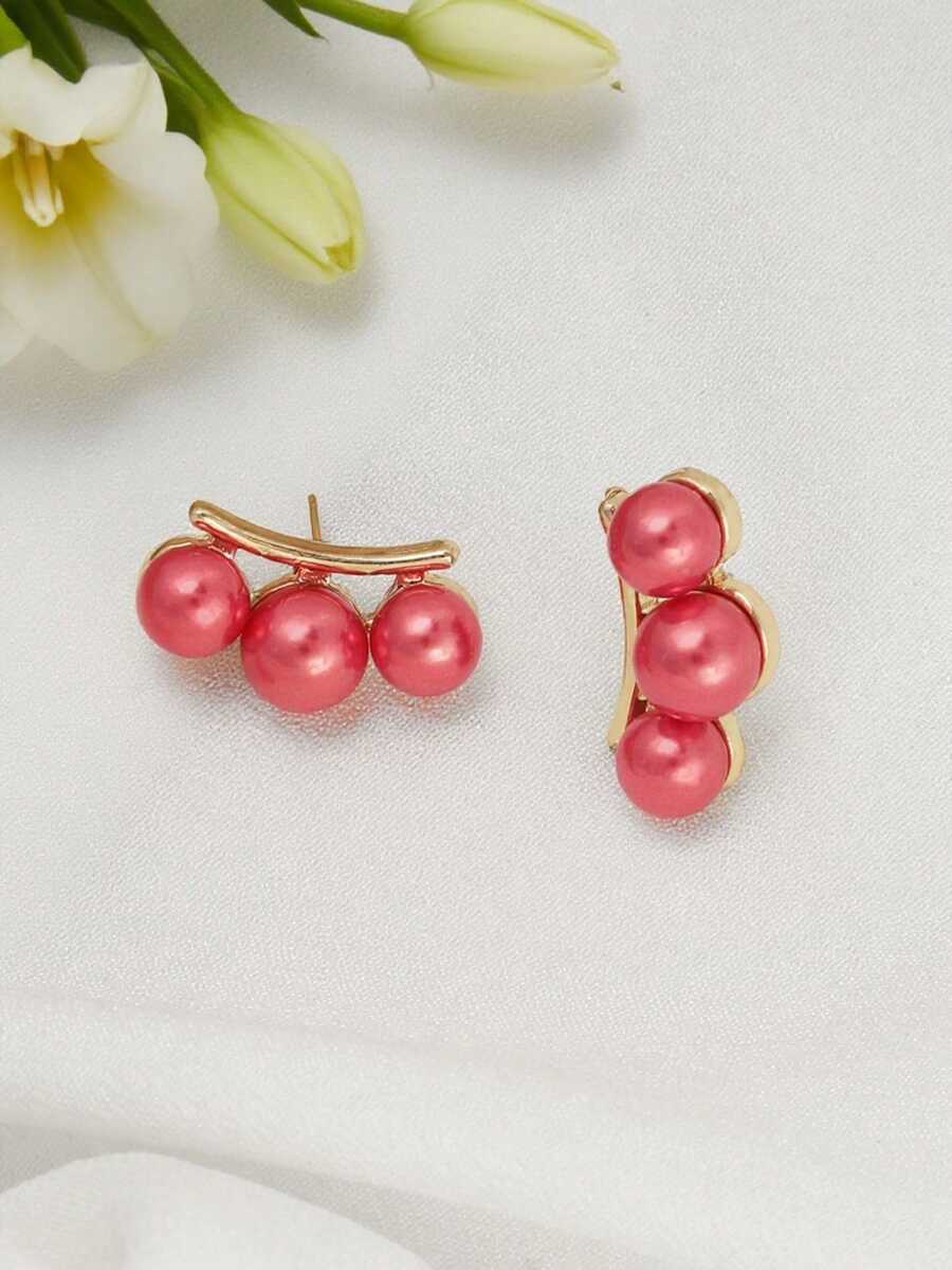 1 paire de boucles d'oreilles minimalistes en forme d'arc avec trois perles, design unique, délicat et polyvalent, nouvelles boucles d'oreilles - Rose bonbon - Voir 1