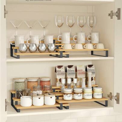 Spice Racks, Kitchen Racks, Set of 2 with 3 Shelves, Bamboo, Expandable, Can be Stacked, Kitchen, Worktop