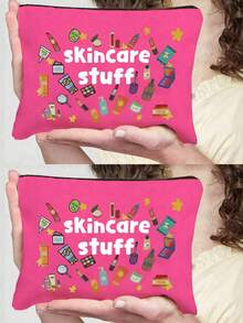 印有“护肤品”字样的时尚化妆包 - 拉链化妆品收纳袋，男女多功能旅行配件，无味轻巧设计，大号化妆包，女生洗漱包，旅行用品，姐妹和朋友的礼物，女朋友的情人节礼物，储物袋，洗漱包，手提包，女生礼物，情人节礼物，便携式折叠收纳袋（四色可选） - 彩色 - 查看 19