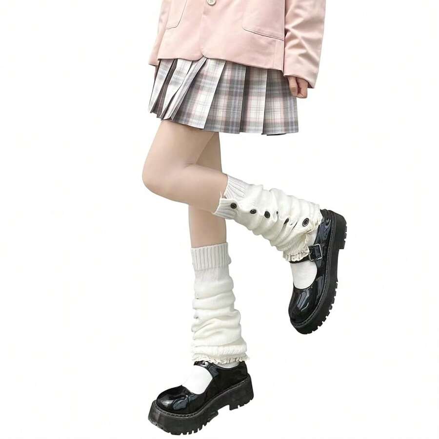 Lebaley Kawaii Leg Warmers For Girls Women - Japanese Lolita Leg Warmers Y2K Harajuku Leg Cover Stockings Kawaii Knit Socks{"Color_name":"Button2"} - 多色8 - 查看 1