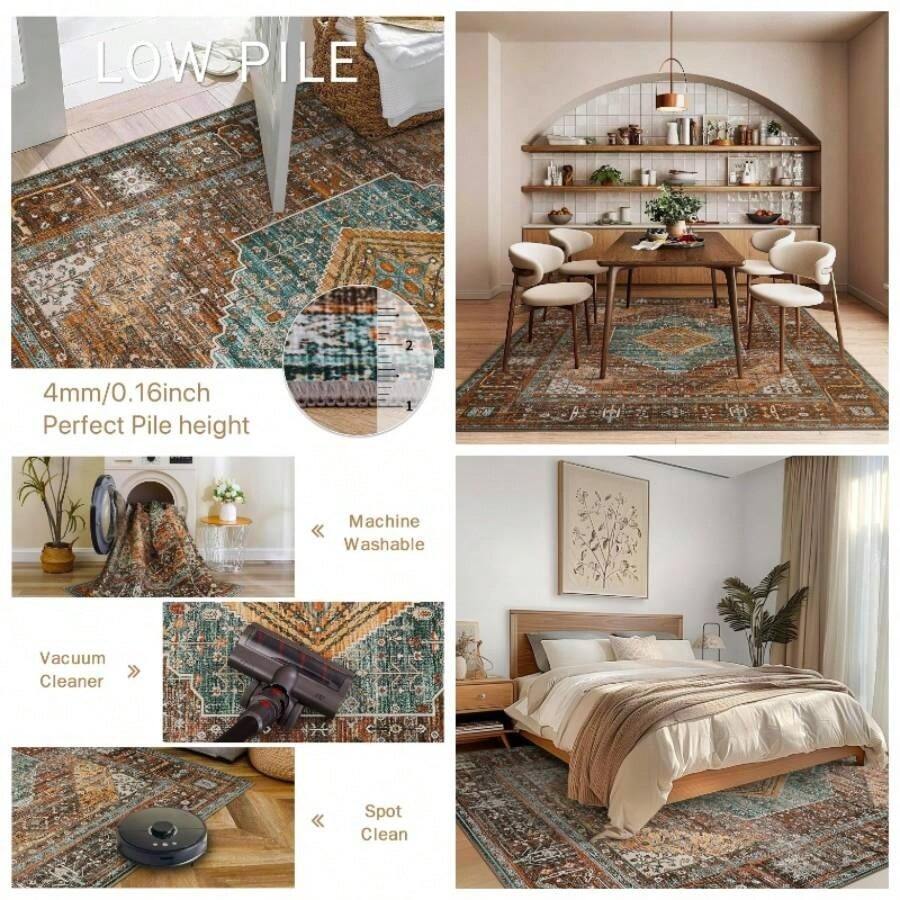 90x150CM Alfombras para Recmara, Lavable a Mquina Alfombras para Sala y Alfombra Vintage, Alfombra Chenille de Pelo Corto, Antideslizante Ligera y Estampada, para Recmara, Oficina o Comedor - Rojo + 2'11" x 4'11" (Rectangular) - Ver 1