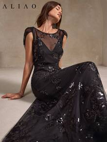 Đầm Aliao cổ chữ V phối lưới, thêu hoa và đính sequin, thanh lịch, thích hợp mặc hàng ngày, dự tiệc, đón năm mới, phong cách retro, ngày Valentine, dự đám cưới, đầm mùa xuân, đầm dự tiệc duyên dáng, đầm maxi đen mùa hè. - màu đen - Xem 5