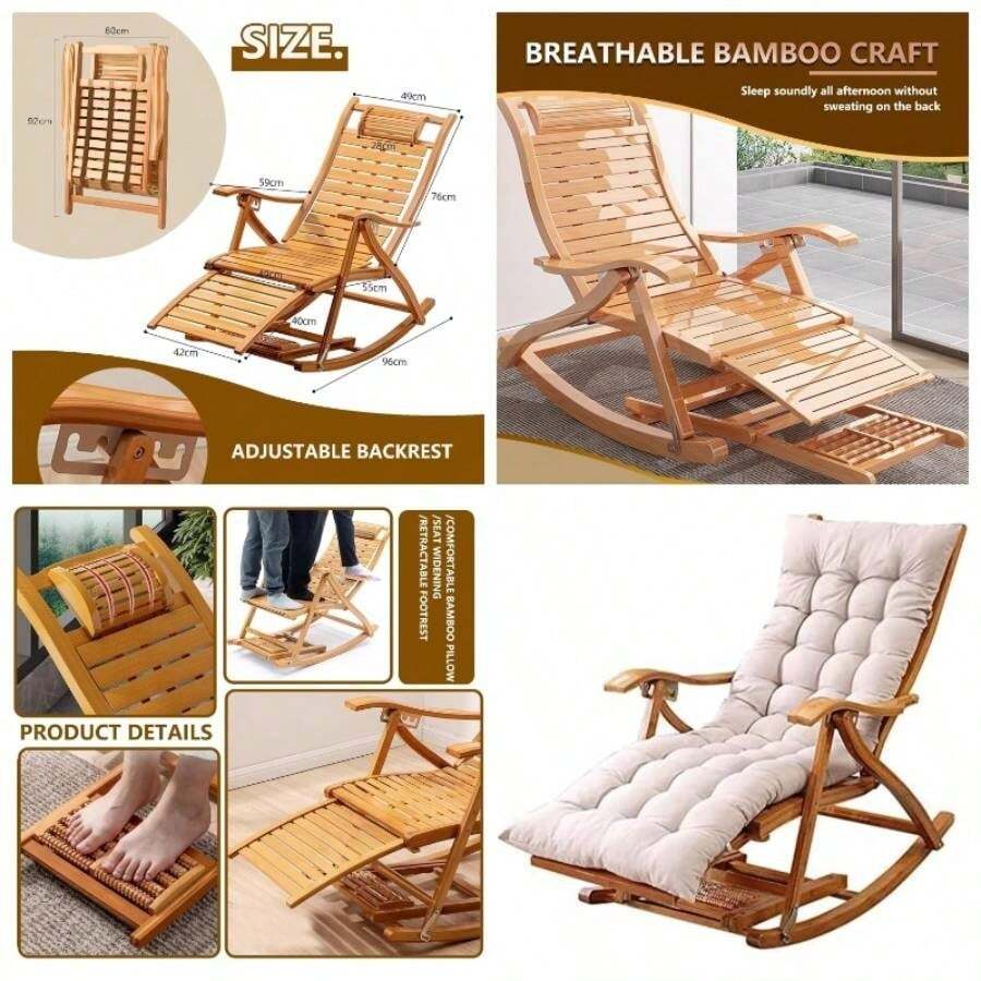 Garden Rocking Chair Outdoor Folding Recliner with Cushion, Adjustable Backrest, Portable Lounger Balcony, Patio, and Deck - Un color - Ver 1