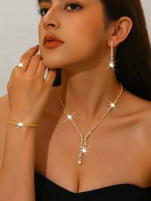 5pcs Luxury Rhinestone Embellished Necklace, Earrings, Bracelet And Ring Set For Women's Daily Commute, Wedding, Party And Holiday Gifts