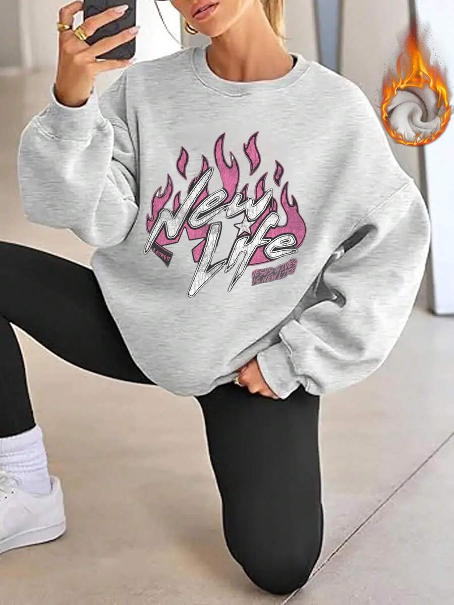 Bluza z długim rękawem, nowa, gruba i luźna, na jesień i zimę 2025, z wzorem płomieni, modna i wygodna, prosta, z długim rękawem, odpowiednia do noszenia jesienią i zimą, na co dzień w stylu ulicznym