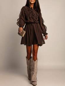 Tie Neck Ruffle Trim Flounce Sleeve Chiffon Dress Elegant Spring - Coffee Brown - View 3