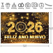 1 全新 2026 新年派对背景面料 - 金色烟花装饰 - 数字“新年快乐”横幅 - 家居装饰、婚礼、生日派对装饰 - 易于悬挂的涤纶面料背景、家居庆祝、新年假期设计，有多种尺寸可供选择 - 彩色 - 查看 14