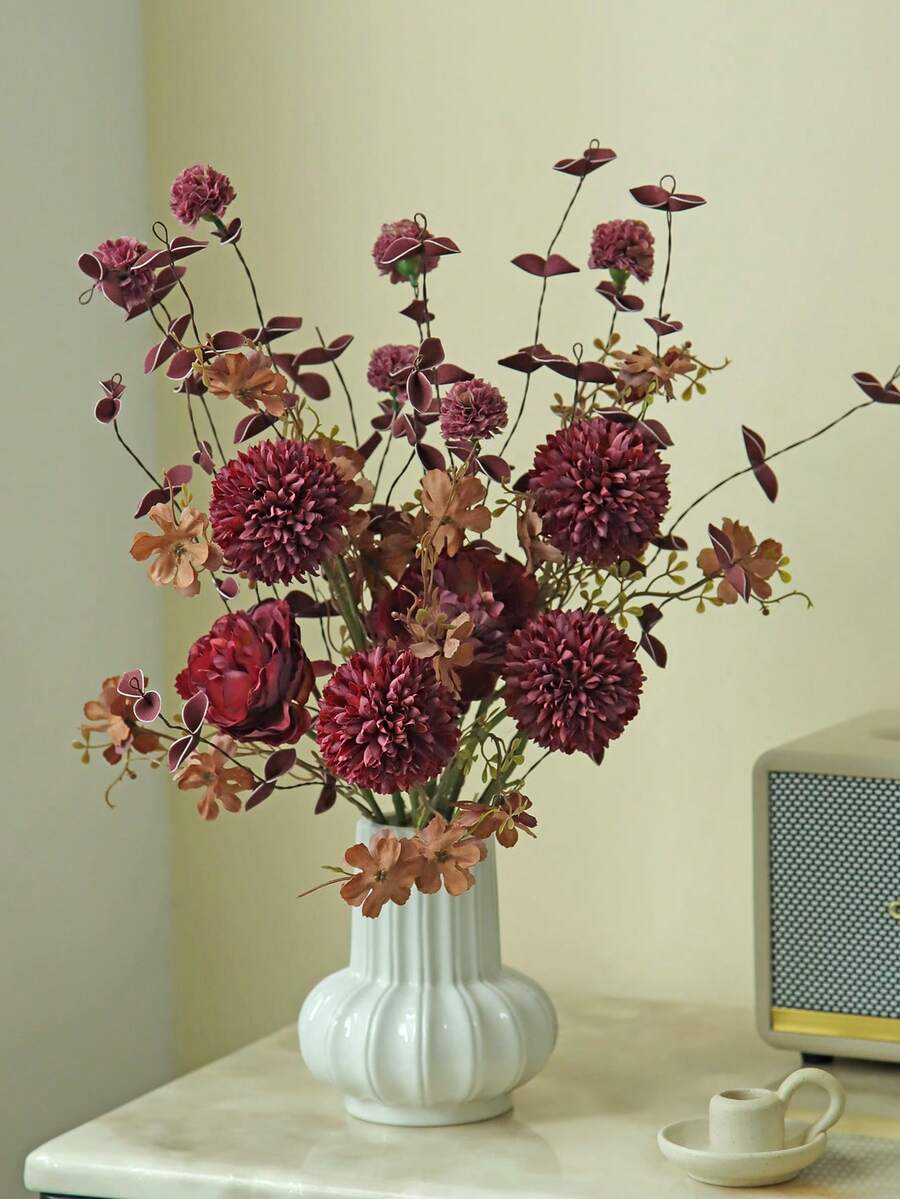 1 Bouquet 41cm Peony Artificial Globe Chrysanthemum Flowers Silk Daisy Fake Hydrangea For Vase Home Living Room Wedding Table Decoration Centerpieces Romantic Theme,Fake Plants,Fall Decor,Room,Desk,Garden Decor,Room Decoration Stuff - Burgundy - View 1