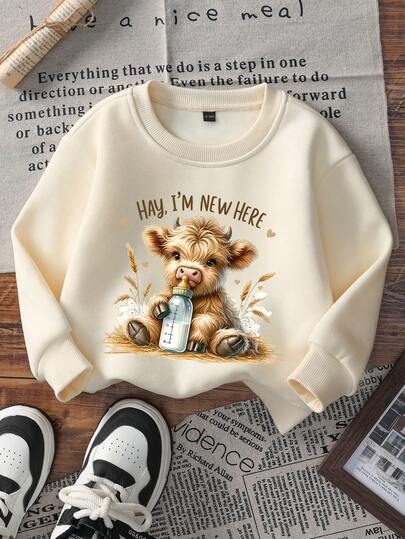 1件幼儿男女童休闲印花圆领套头衫卫衣，秋冬季 - 可爱的幸运小牛和可爱标语印花卫衣为每个孩子带来欢乐和幸福！