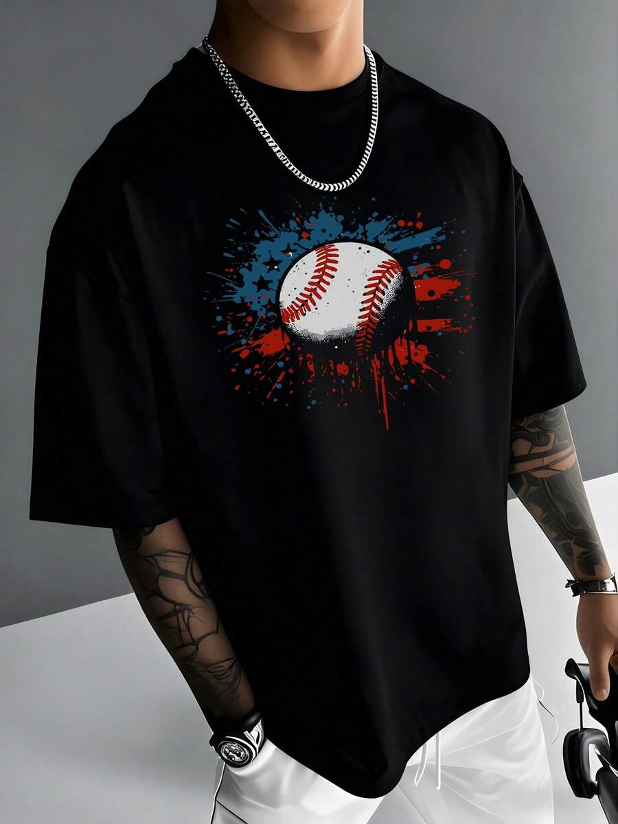 Baseball Splash Art Digital Printed T Shirt 220g 1pcs Streetwear Men's Casual Round Neck Short Sleeve 100% Cotton Tee Summer Sports Style - Black - View 1
