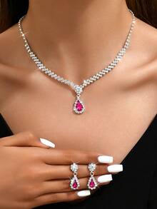 女士 2 件首饰套装泪珠吊坠项链和耳环，适合日常佩戴、宴会和婚礼 - 玫紅色 - 查看 6