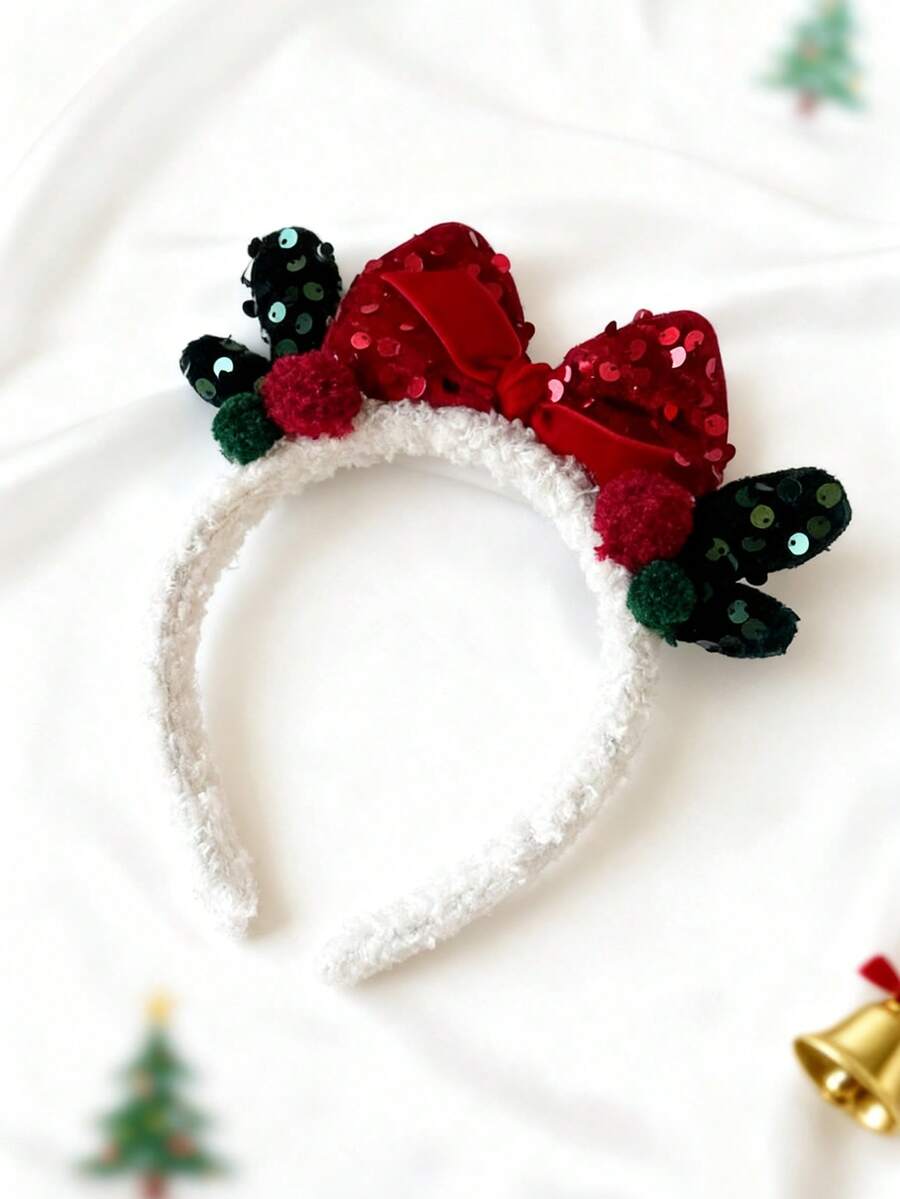 1pc Girls' Holiday Outfit Christmas Headwear Velvet Red Sequin Bow Headband Cute Reindeer Antler Hairband Hair Accessory, Suitable For Holiday Parties, Stage Performances, And Christmas Photos
