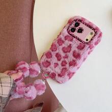 Autumn/Winter Fuzzy Leopard Print Wristlet Phone Case - With Lens Stand Design - Compatible With Apple 17/16/15/14/13/12/11, S25U/S24U/S23U/A05S/A56/A17 Leopard Fuzzy Wristlet Lens Stand