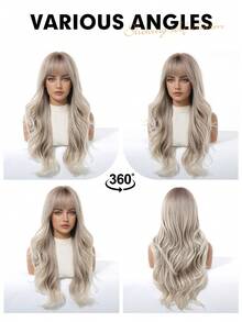 Tóc giả dài 24 inch, kiểu gợn sóng, có mái, chân tóc tối màu, màu nâu, kiểu ombre nâu sang vàng, chất liệu tổng hợp chịu nhiệt, thích hợp cho sử dụng hàng ngày, dự tiệc, cosplay và nhiều dịp khác. - Tóc vàng ombre - Xem 9