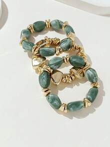 3 pièces Bracelet acrylique épais vintage multicouche et multicolore avec perles, bracelet transformable avec pépites dorées, pour femmes, couples, fêtes, port quotidien - Multicolore 17 - Voir 5