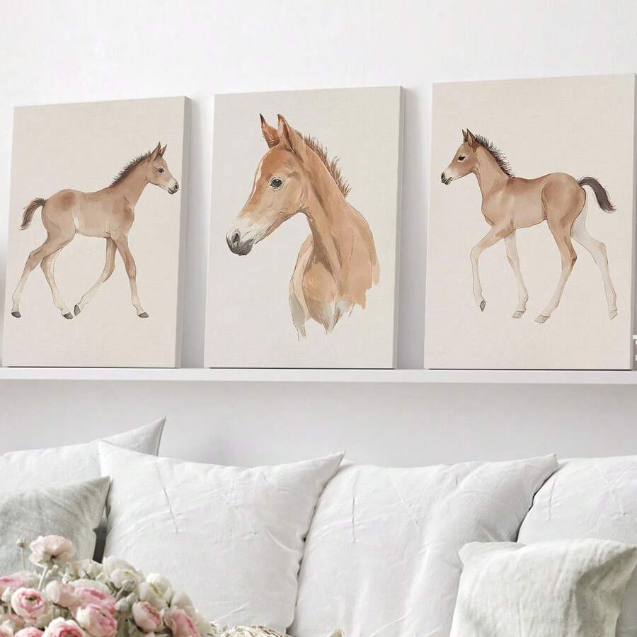 3pcs/Set, Canvas Framed Wall Art, Watercolor Foal Painting, Featuring A Foal In Soft Brown Tones, Ideal For Decorating Nurseries Or Kids' Rooms In Country Style Kids' Room Decor, Nursery Decor, Parenting Room Decor, Preschool Decor, Boys' Room Decor/Girls' Room Decor, Playroom Decor
