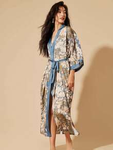 Oversized Vintage Elegant Floral Print Mid-Length Kimono Cover Up, Streetwear Fashion, Sexy Loungewear Robe, Lightweight Summer Beach Vacation Belted Robe, One-Piece Coverup, Sun Protection - Blue - View 2