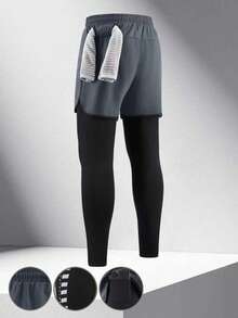 1 Set Elastic Quick-Dry Sports Pants, Breathable Fitness Workout Leggings With Phone Pocket, Dual-Layer Fabric Drawstring Waist, Suitable For Running, Jogging, Gym Training - Dark Grey - View 3