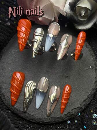10 st/set handgjorda långa stilettnaglar i Y2K-stil, press-on-naglar, nakna, silver- och orangefärgade och nakna kromnaglar, franska tip-kromar, press-on-naglar, mandelfärgade, medelstora lösnaglar, med spegeldesign, glansiga limpåförda akrylnaglar, nakna, heltäckande lösnaglar för kvinnor, vid olika tillfällen, vardagskläder, perfekt present till kvinnor och flickor, med 1 gelépad och 1 nagelfil