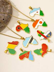 1件男女通用时尚个性化非洲国家地图国旗设计不锈钢吊坠项链，纪念日的完美之选 - 金黃色 - 查看 1