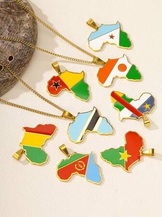 1件男女通用时尚个性化非洲国家地图国旗设计不锈钢吊坠项链，纪念日的完美之选