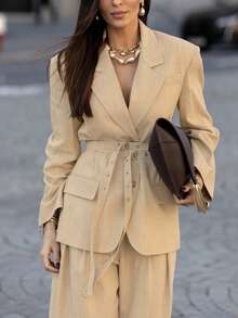 时尚新款欧美女士纯色套装，翻领、腰带装饰，开襟外套搭配宽松阔腿裤，两件套，通勤时尚优雅。