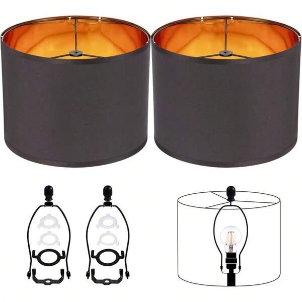 Black Lamp Shades Drum Set Of 2 Medium Gold 12 - Inch Lamp Shades Table Lamps, Floor Lamps, Pendant Lights, Wall Lights, Harp Holder Included, Requires Assembly. Black