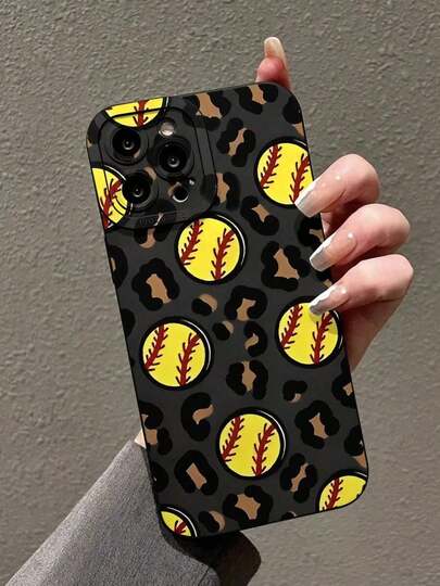 Fashionable Popular Personalized Leopard Print & Softball Pattern Design Theme Luxury Shockproof Aesthetic Cute Phone,Ls Protrusion , Compatible With 16/16Plus/16Pro/16ProMax, 15,14, 13, 12, 11 Series And Compatible With S/A Series,Easter Day, Hallowe Decoration/Birthday, Girlfrid, Boyfrid, Frid Or Yourself. . Accessories.