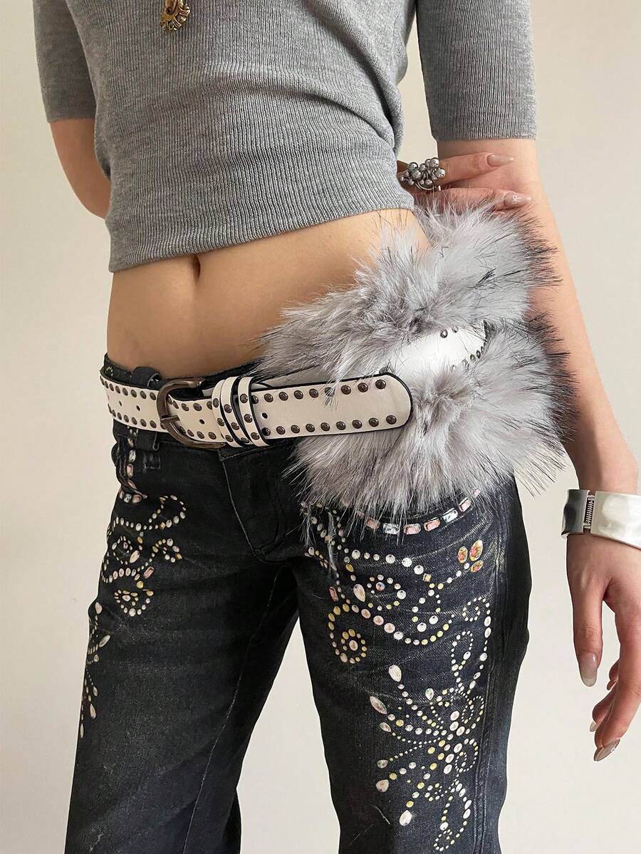 1pc Women's White PU Leather Punk Style Double Row Rivet Decor Belt, Versatile Waist Band - White - View 1