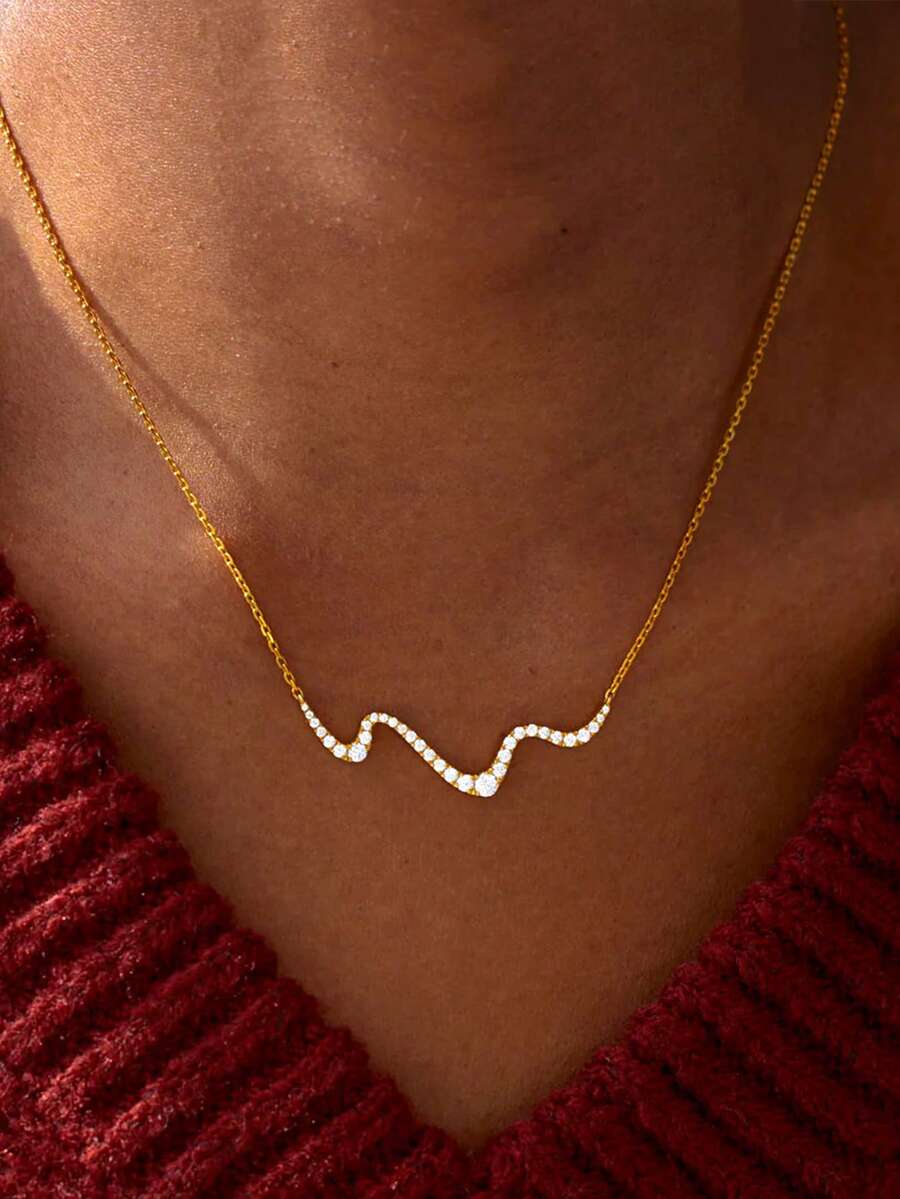 1pc Sterling 925 Silver Exquisite Elegant Fashion Geometric Wavy Cubic Zirconia Pendant Necklace For Women Chock Chain Daily Wearing Friendship Mother's Day Jewelry Gift