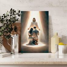 1pc Framed Canvas Wall Art, Couple Kneeling And Praying To Jesus Art Print Canvas Poster Painting Winter Home Wall Decor, Ideal Gift For Bedroom Living Room Hallway Dorm, Ready To Hang - 彩色 - 查看 3