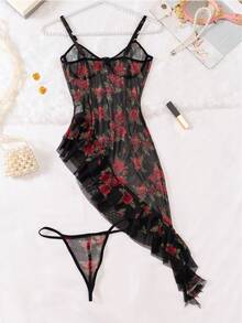 2 件蕾丝网印花透明性感内衣套装，不对称荷叶边下摆交叉带长裙和短裤睡衣 - 綠色 - 查看 11