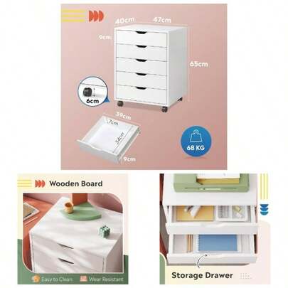 Mobile File Cabinet 5 Drawers, Wood Under Desk Drawers With Wheels Home Office Storage Printer Stand, White