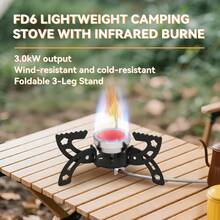 Fogão portátil REDSUN FD6 de 3 pernas para mochileiros, dobrável, sem acendedor, com alto desempenho à prova de vento, queimador infravermelho, utiliza gás butano-propano (cartucho para grandes altitudes), alta potência de 10.000 BTU, ideal para atividades ao ar livre, camping, piquenique e churrasco. Acompanha estojo de transporte em EVA de alta qualidade. Equipamento completo para camping. - Preto - Ver 11
