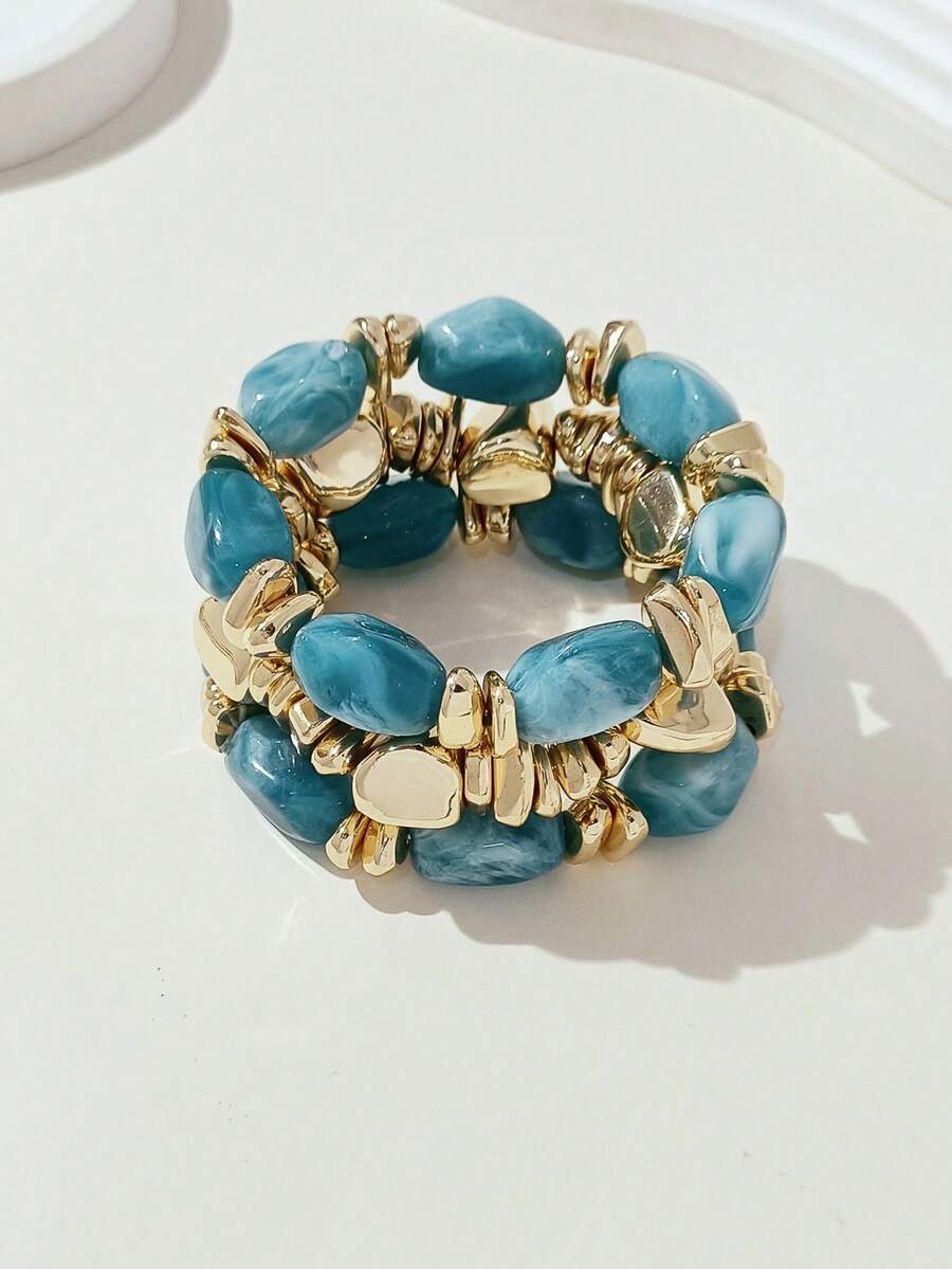 LADYCOCO 3pcs Vintage Thick Chunky Acrylic Beaded Multilayer Bracelet, Transformable Gold Chip Bracelet, Suitable For Women, Couples, Party, Daily Wear - Multicolor 15 - View 1