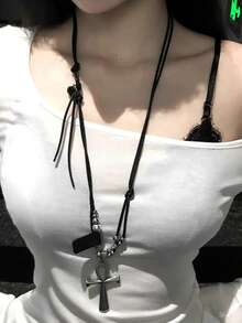 1 Stück Lederband Anch Kreuz Anhänger Lange Halskette, Y2K Chic Mode Metall Schwarze Halskette für Frauen, geeignet für Party, Treffen, tägliches Outfit Kombinieren