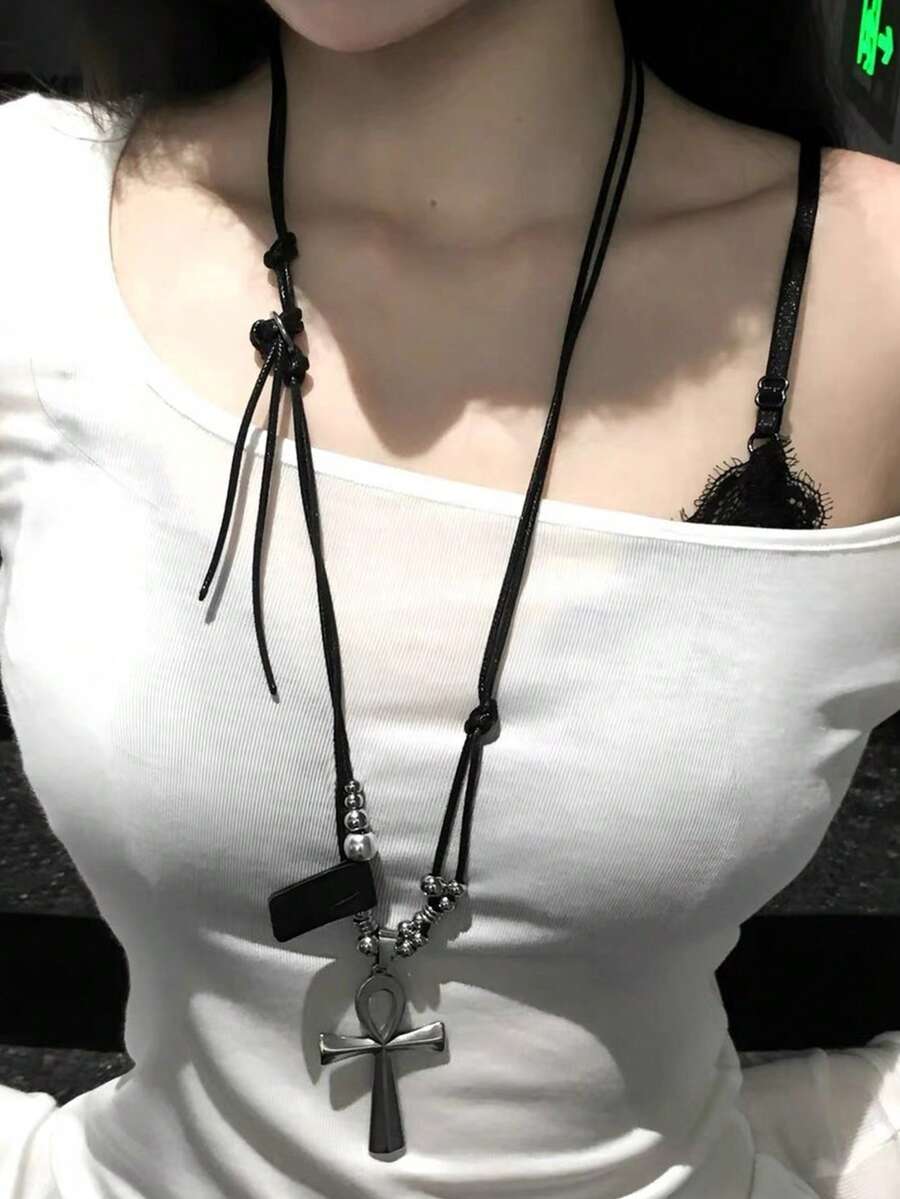 1 Stück Lederband Anch Kreuz Anhänger Lange Halskette, Y2K Chic Mode Metall Schwarze Halskette für Frauen, geeignet für Party, Treffen, tägliches Outfit Kombinieren